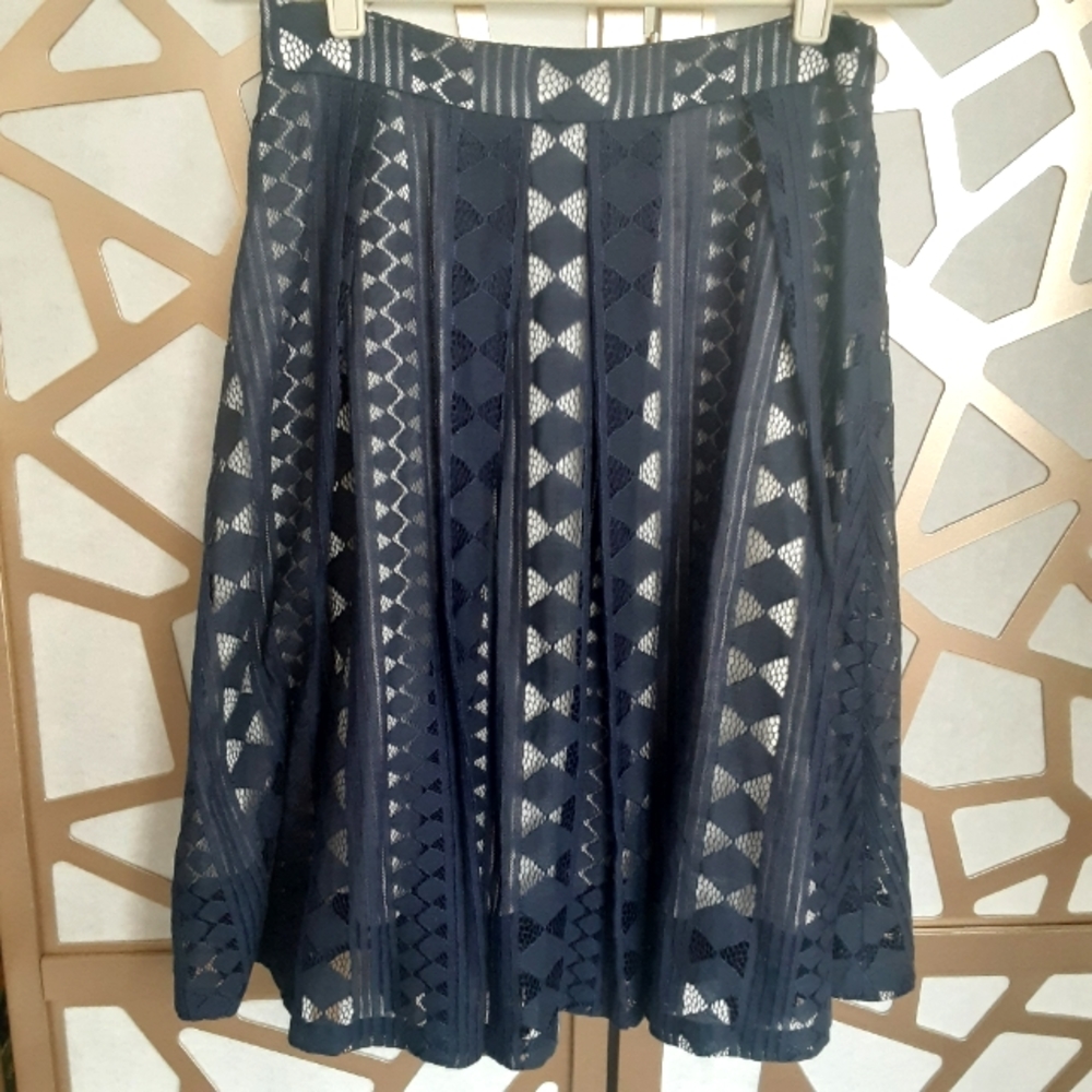 NWOT RELISHED Blue Lace overlay Geometric skirt with Pleating details